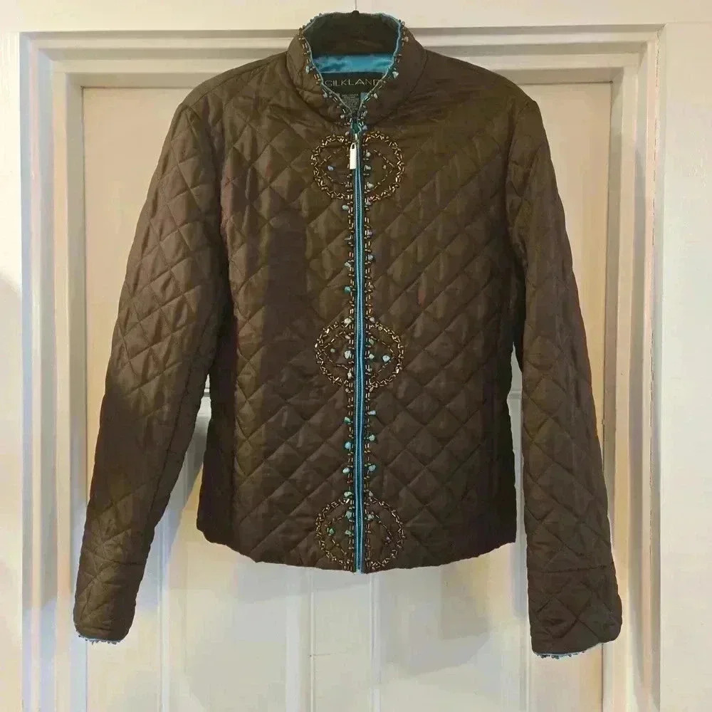VTG Silkland 100% Silk Beaded Full Zip Quilted Jacket Brown Green Size Medium